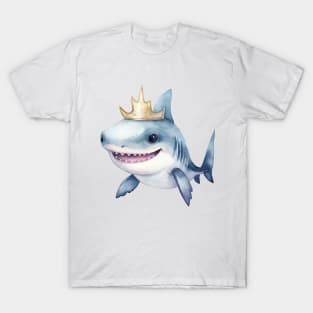 Watercolor Great White Shark Wearing a Crown T-Shirt